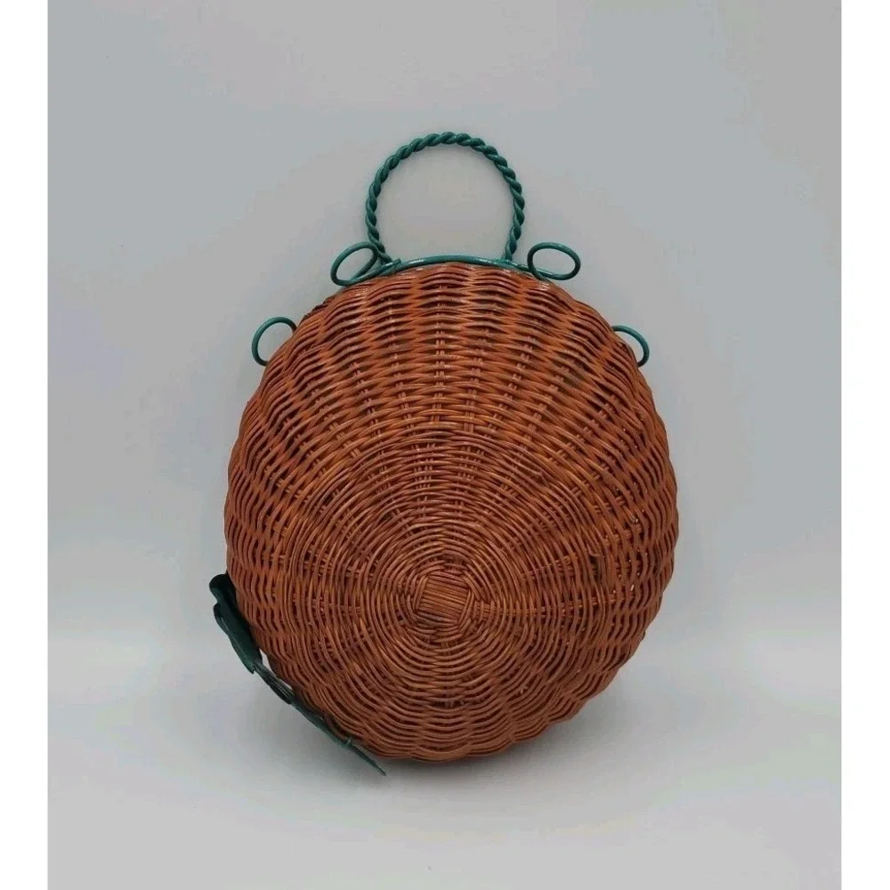 Decorative‎ Hanging Wicker Basket with Green Metal Wire Cottagecore